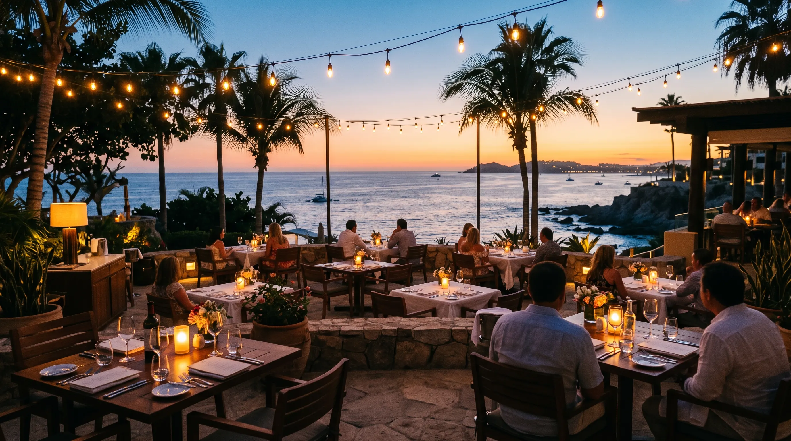 Seaside restaurant terrace at dusk